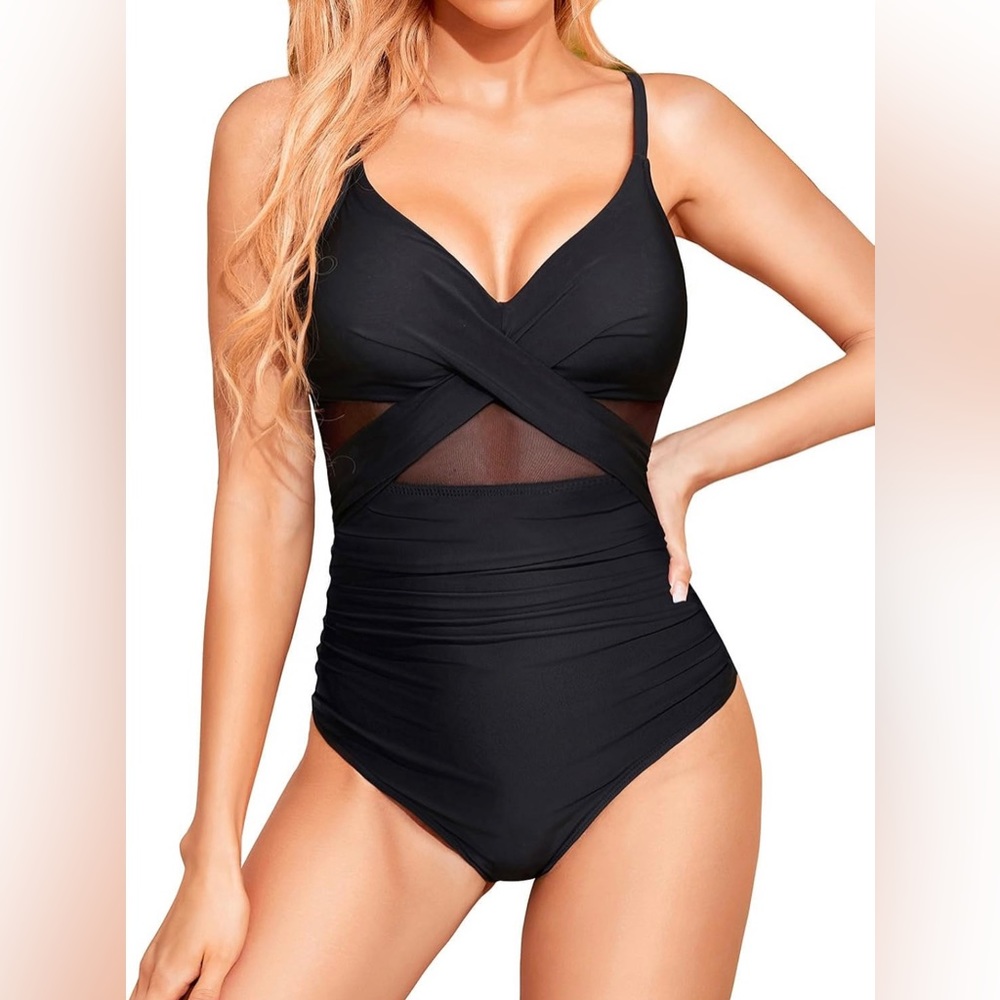 NWT Cutout Mesh Front Cross One Piece Swimsuit Size Small - Picture 1 of 8